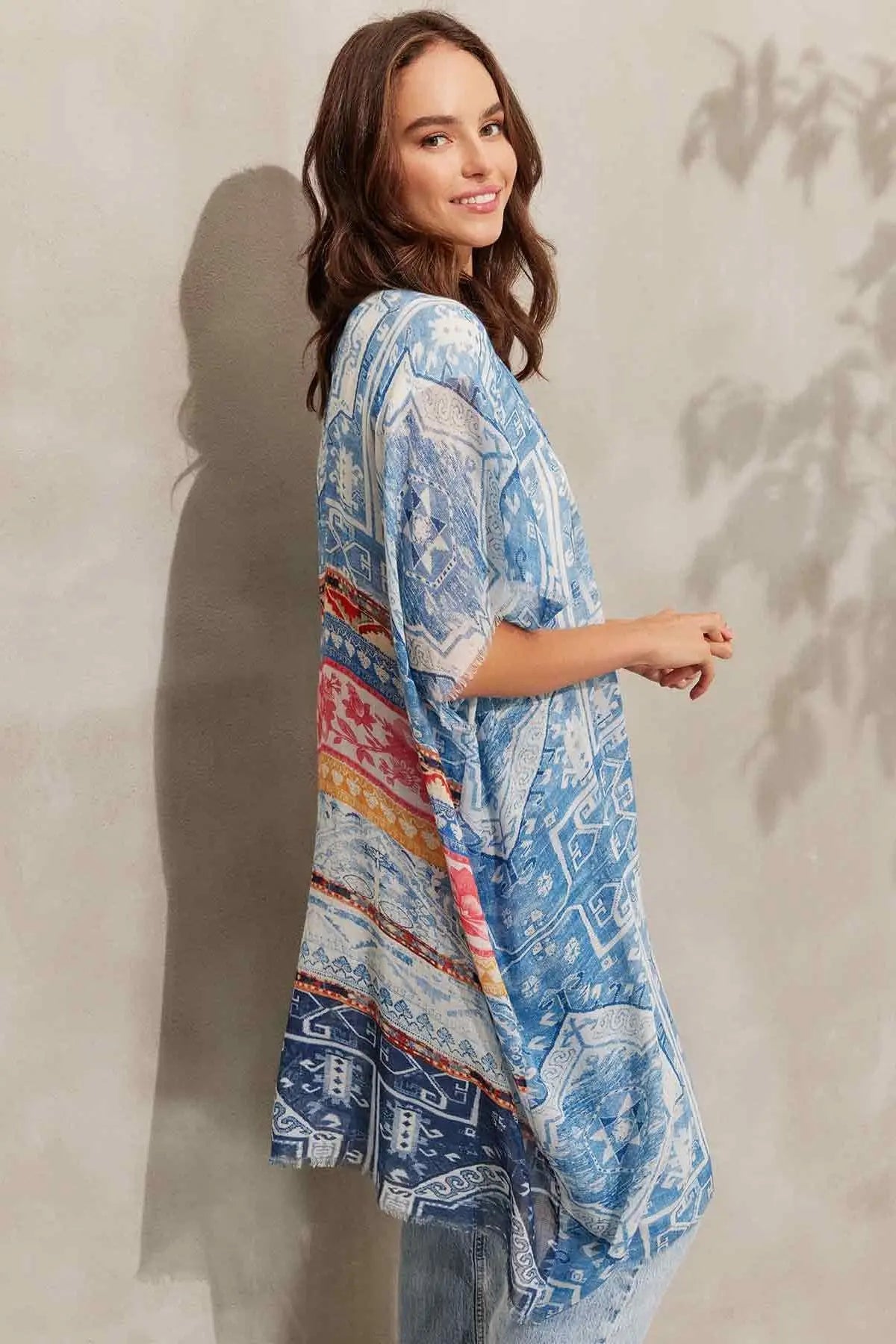 Açık Mavi İpekli Jas Mavi Desenli Tunik Kimono Silk and Cashmere