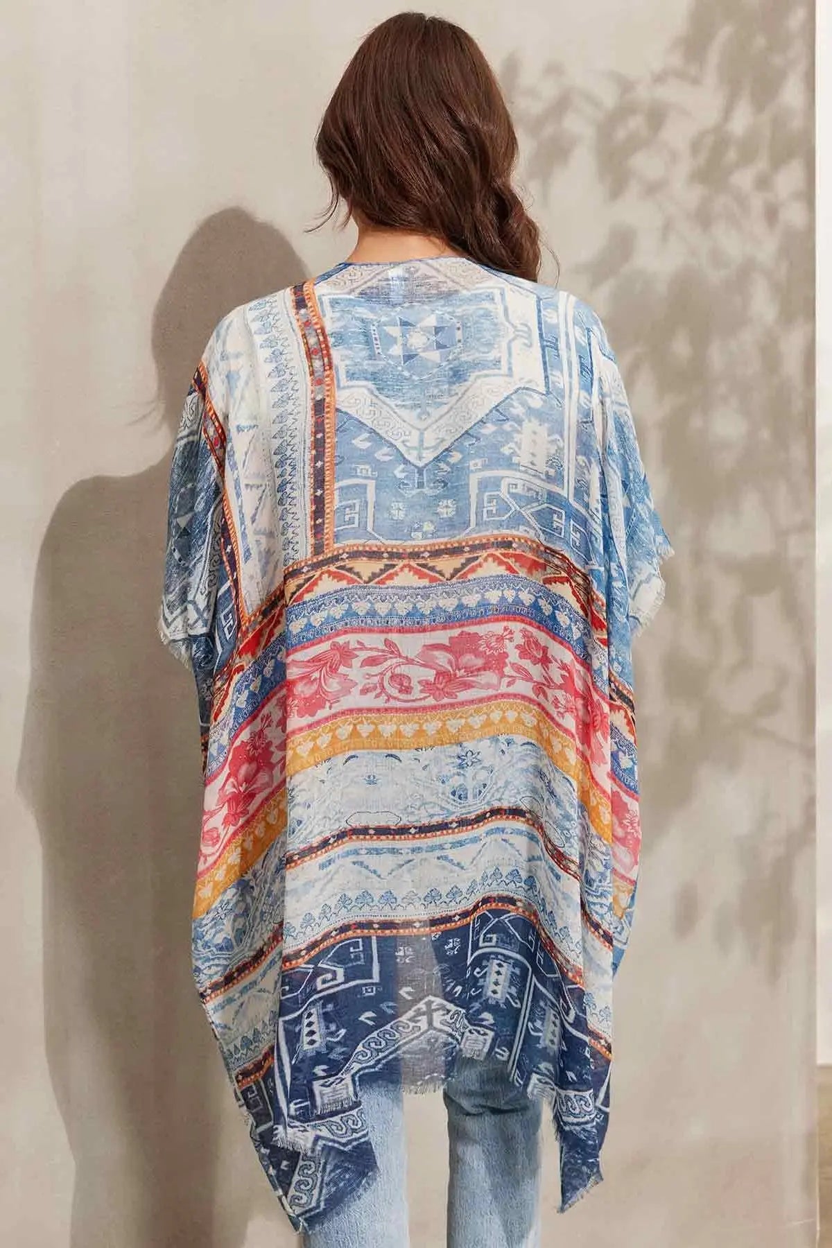 Açık Mavi İpekli Jas Mavi Desenli Tunik Kimono Silk and Cashmere