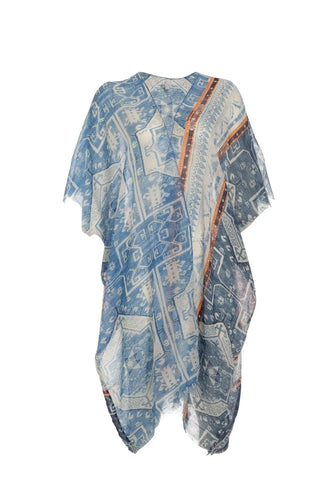 Açık Mavi İpekli Jas Mavi Desenli Tunik Kimono Silk and Cashmere