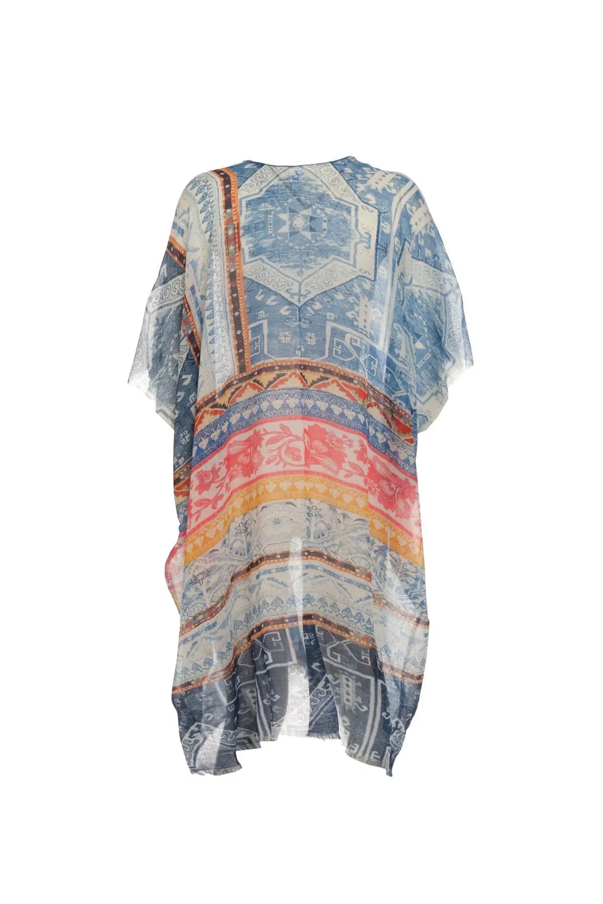 Açık Mavi İpekli Jas Mavi Desenli Tunik Kimono Silk and Cashmere