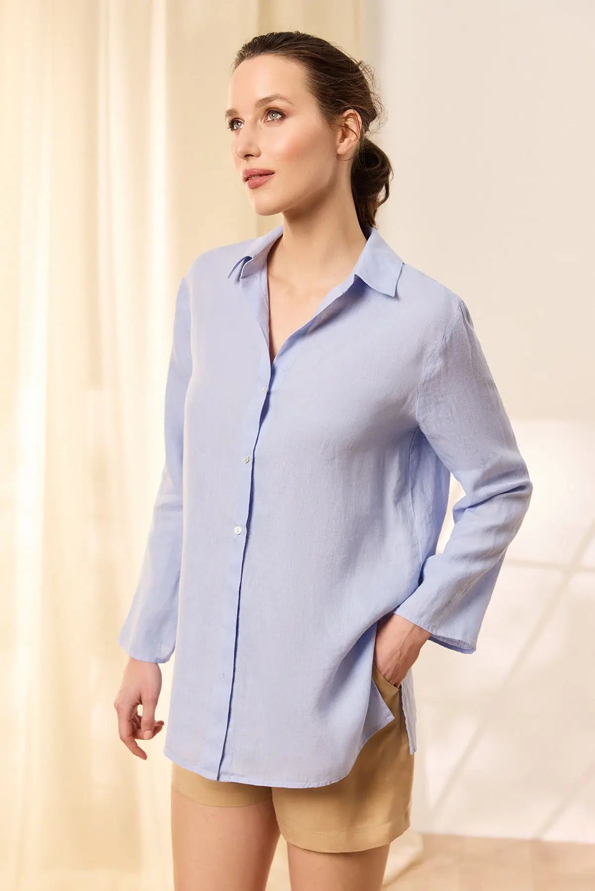 Açk Mavi Keten Kate Uzun Kollu Gömlek Tunik Silk and Cashmere