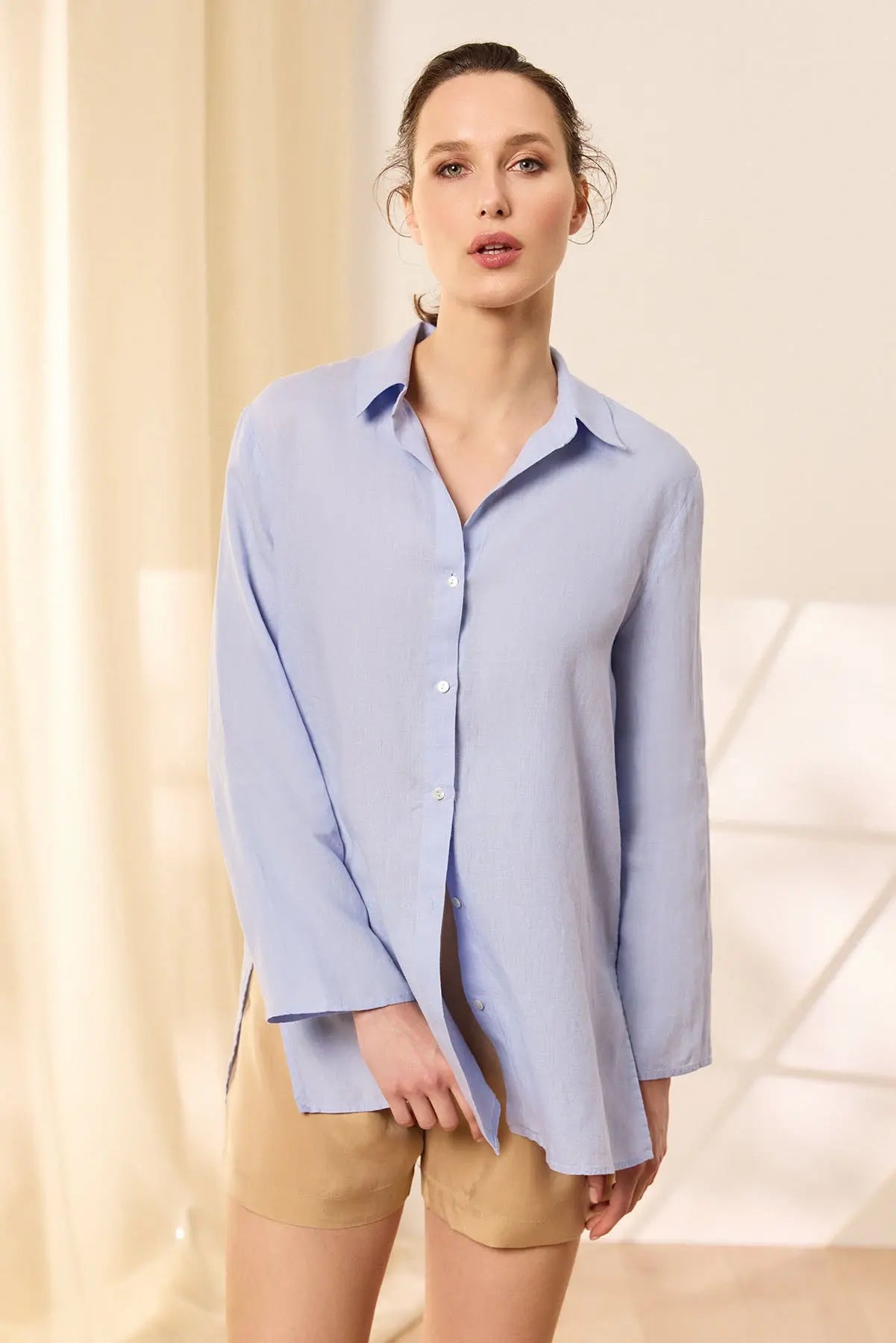 Açk Mavi Keten Kate Uzun Kollu Gömlek Tunik Silk and Cashmere