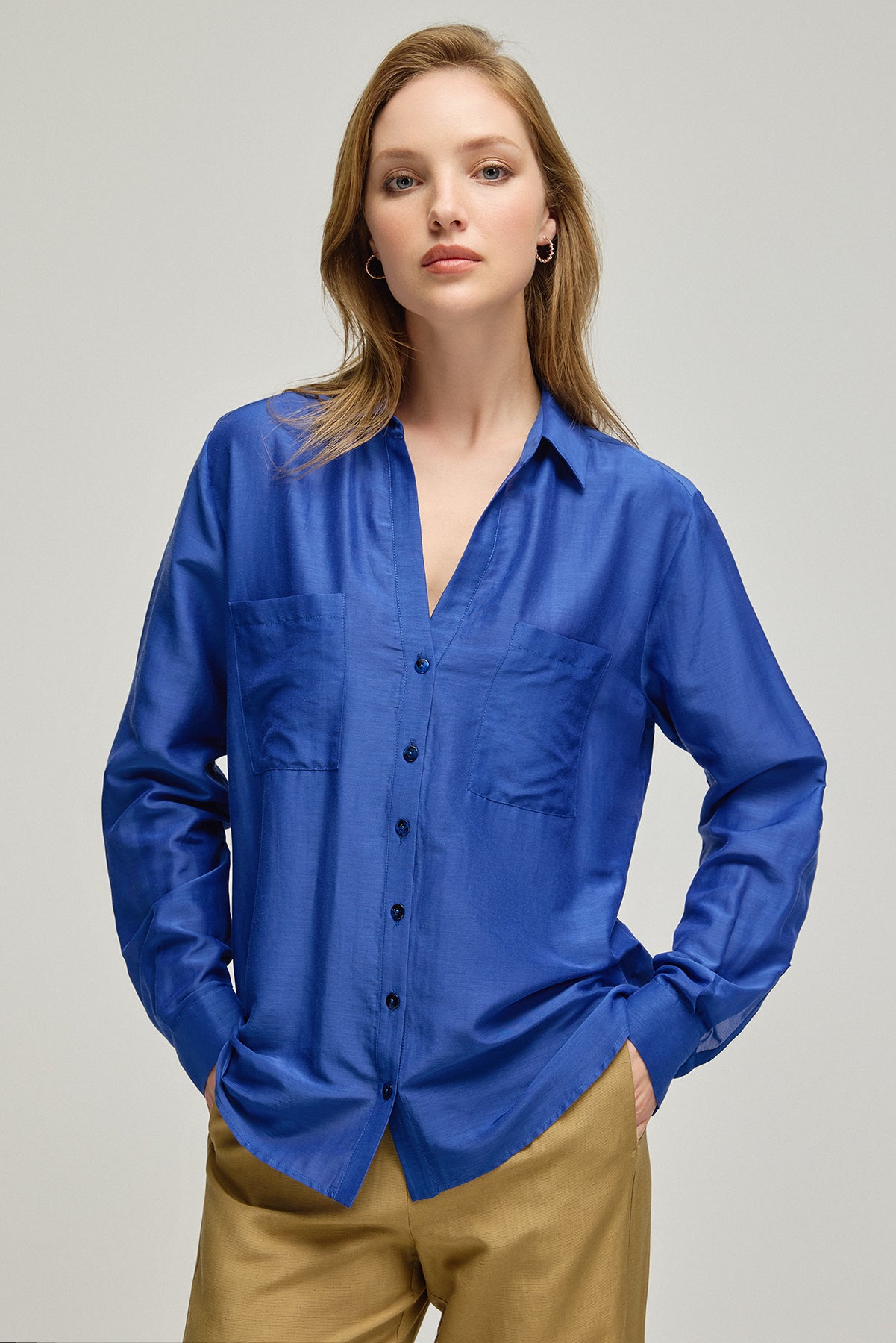 Lacivert Nature İpek Pamuk Uzun Kollu Gömlek