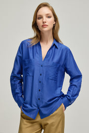 Lacivert Nature İpek Pamuk Uzun Kollu Gömlek
