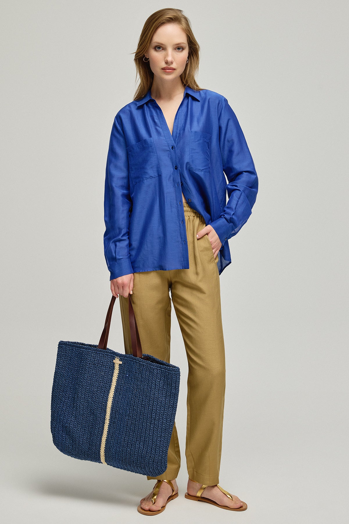 Lacivert Nature İpek Pamuk Uzun Kollu Gömlek