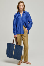 Lacivert Nina Renkli Tek Çizgili Hasır Çanta 51x41cm