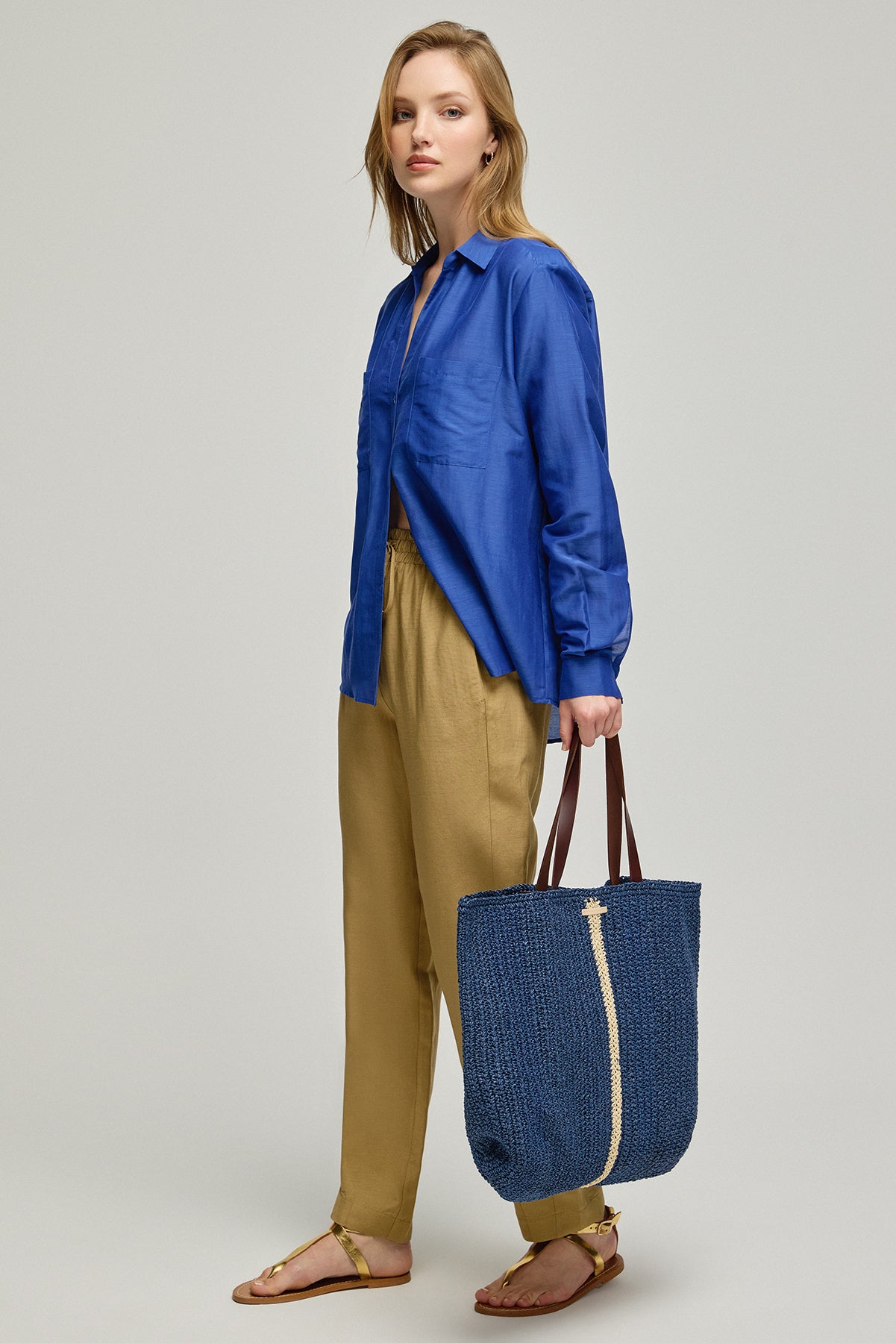 Lacivert Nina Renkli Tek Çizgili Hasır Çanta 51x41cm