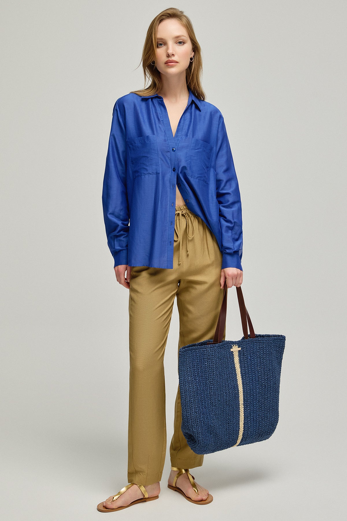 Lacivert Nature İpek Pamuk Uzun Kollu Gömlek