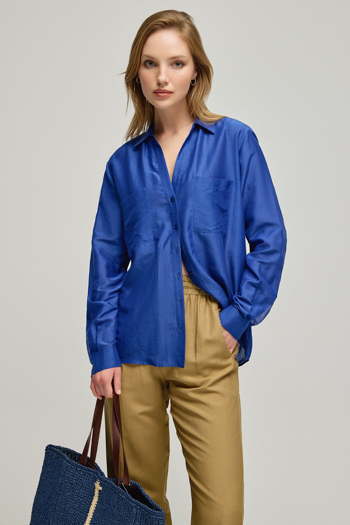 Lacivert Nature İpek Pamuk Uzun Kollu Gömlek