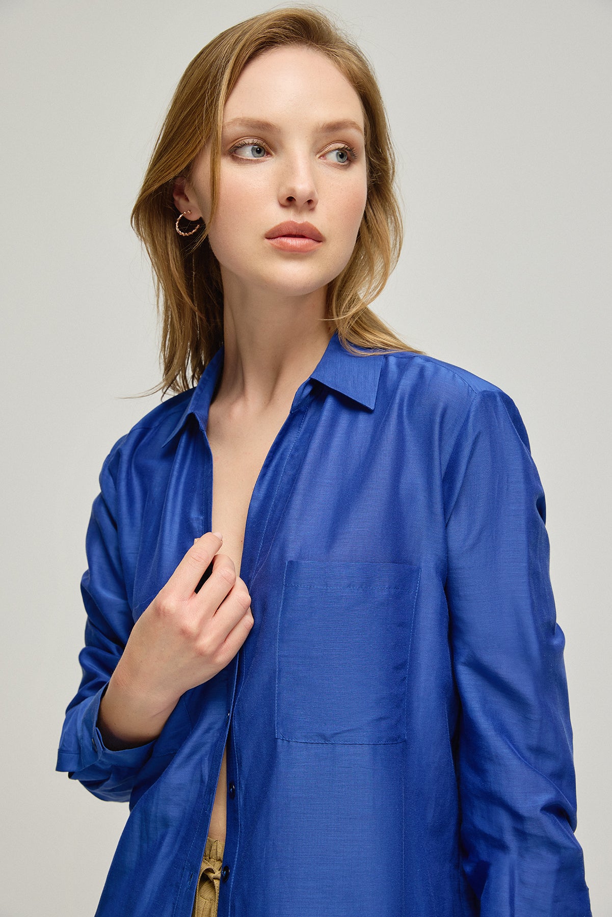 Lacivert Nature İpek Pamuk Uzun Kollu Gömlek