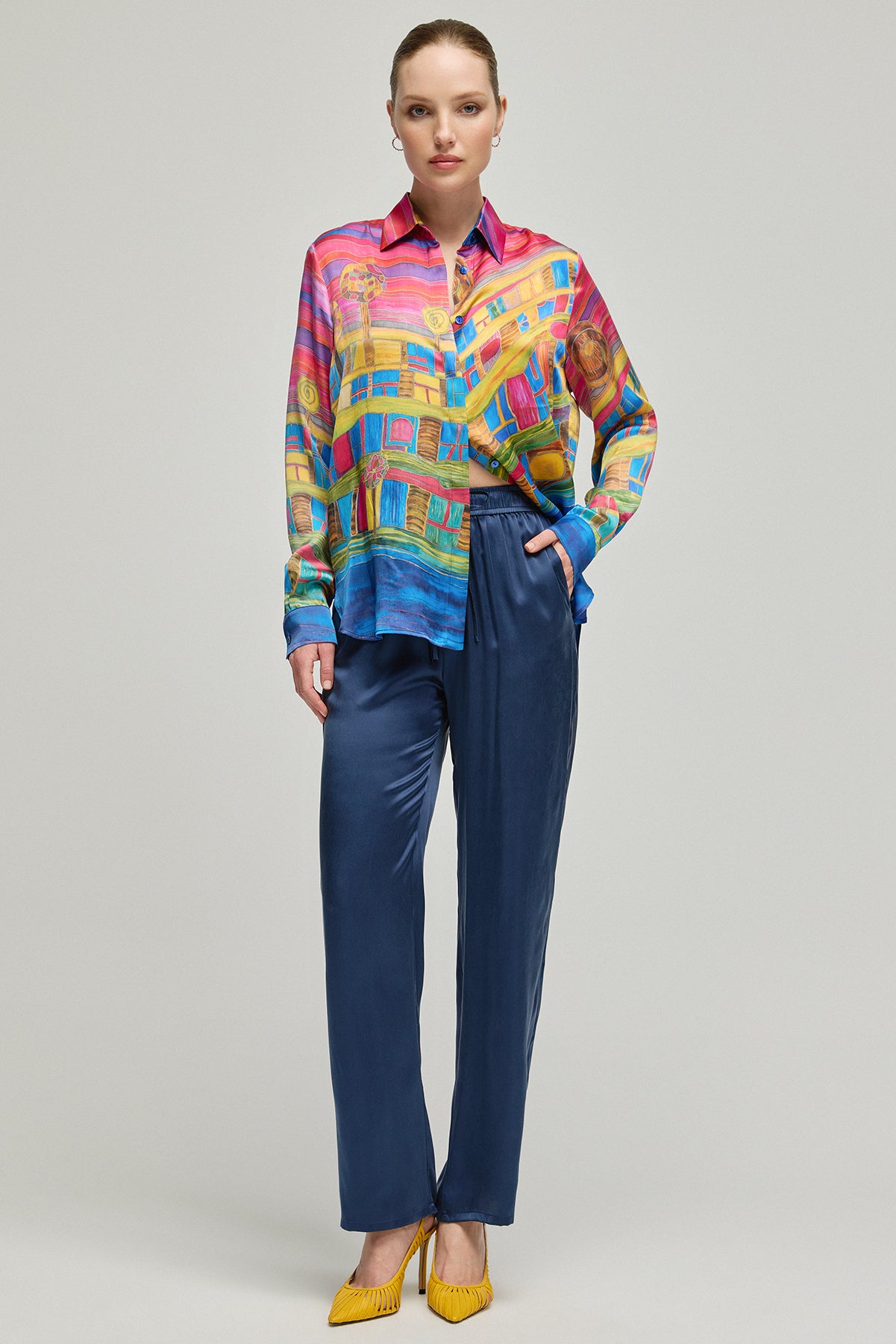 Fuşya Nature İpek Desenli Uzun Kollu Gömlek