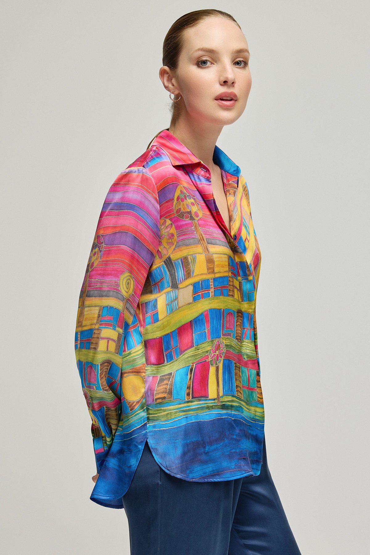 Fuşya Nature İpek Desenli Uzun Kollu Gömlek