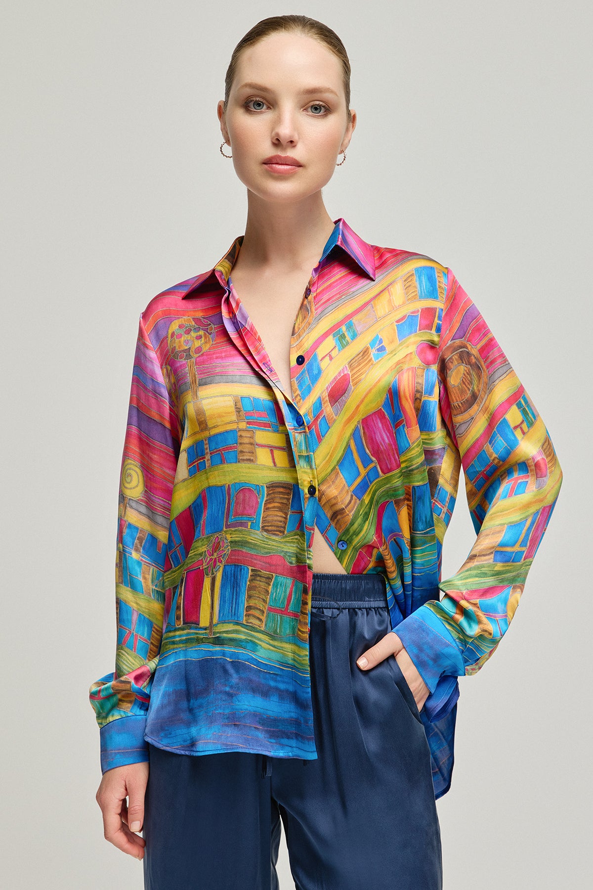 Fuşya Nature İpek Desenli Uzun Kollu Gömlek