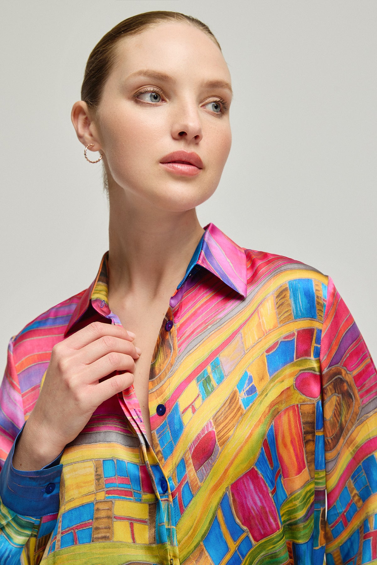 Fuşya Nature İpek Desenli Uzun Kollu Gömlek