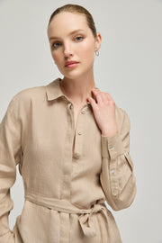 Bej Keten Kate Uzun Kollu Arkadan Bağlamalı Gömlek