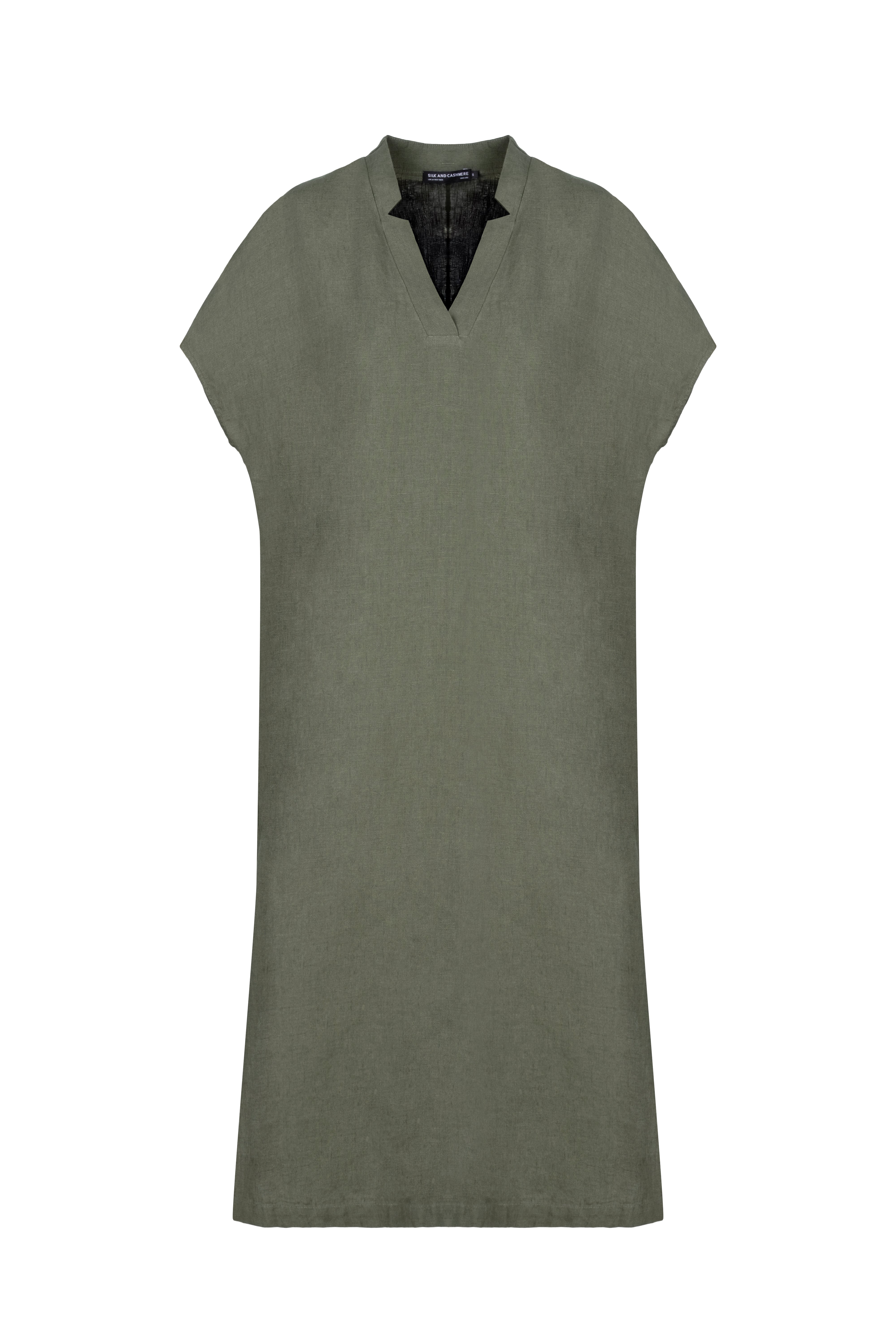 Haki Kate Keten V Yaka Elbise