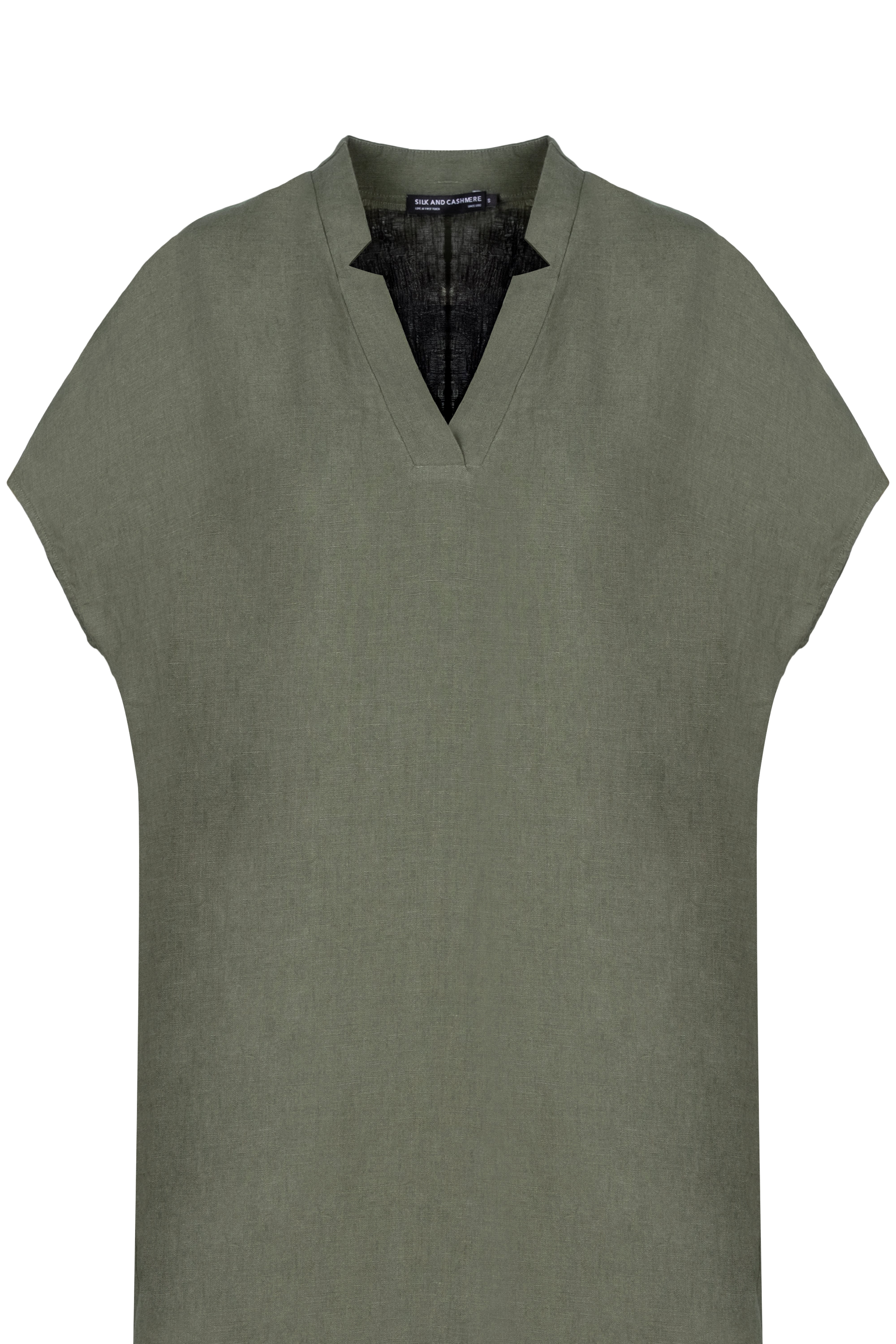 Haki Kate Keten V Yaka Elbise