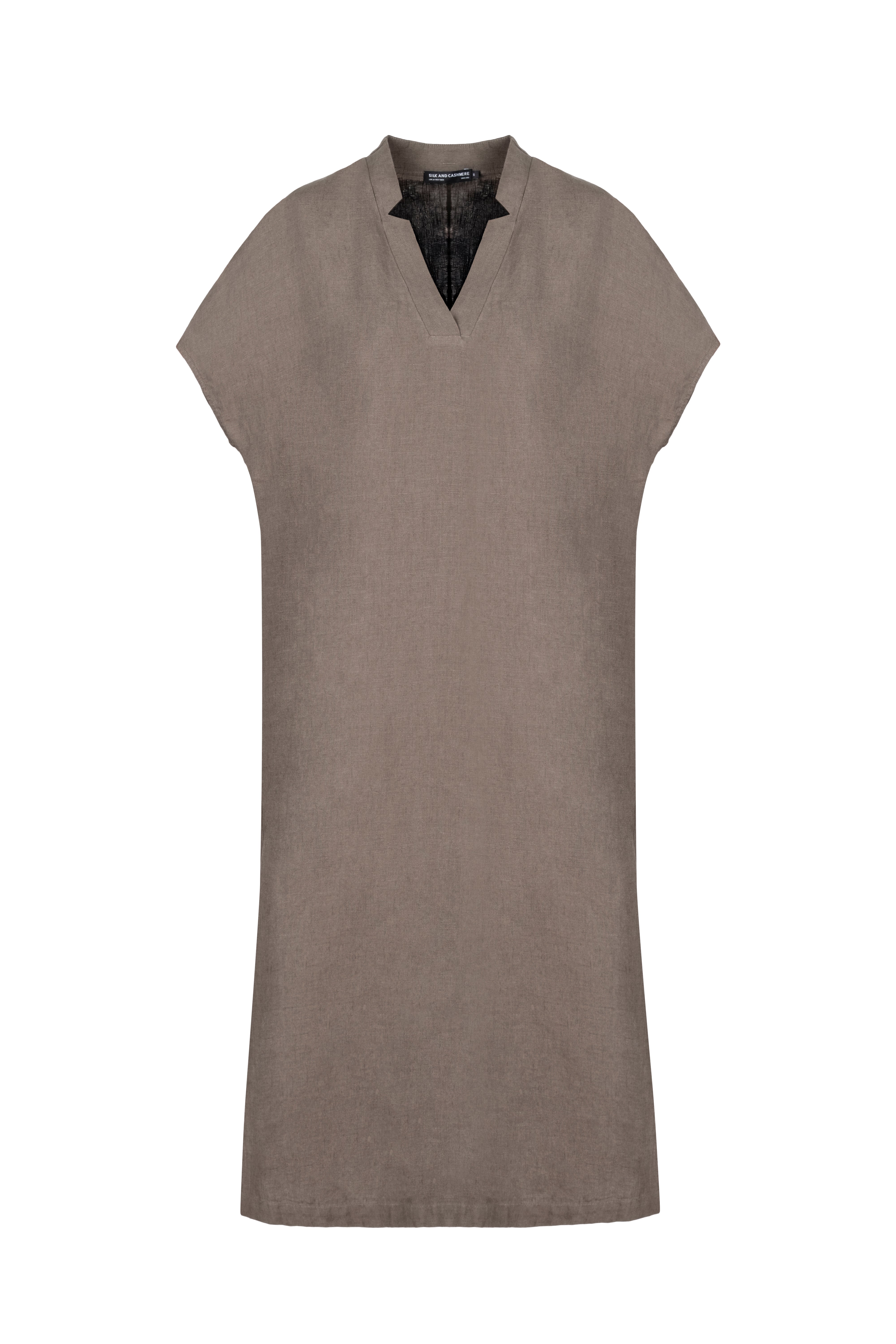 Kahverengi Kate Keten V Yaka Elbise