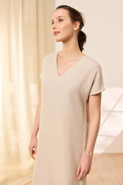 Bej Keten  Kate V Yaka Ksa Kollu Elbise Silk and Cashmere