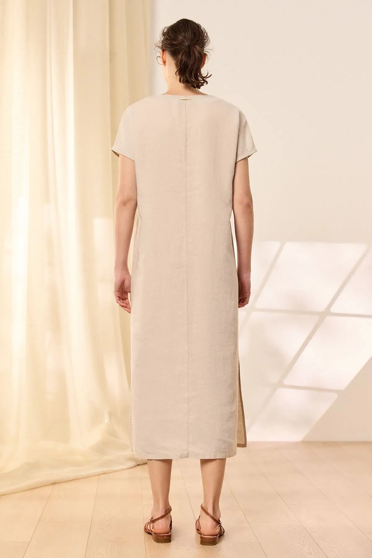 Bej Keten  Kate V Yaka Ksa Kollu Elbise Silk and Cashmere