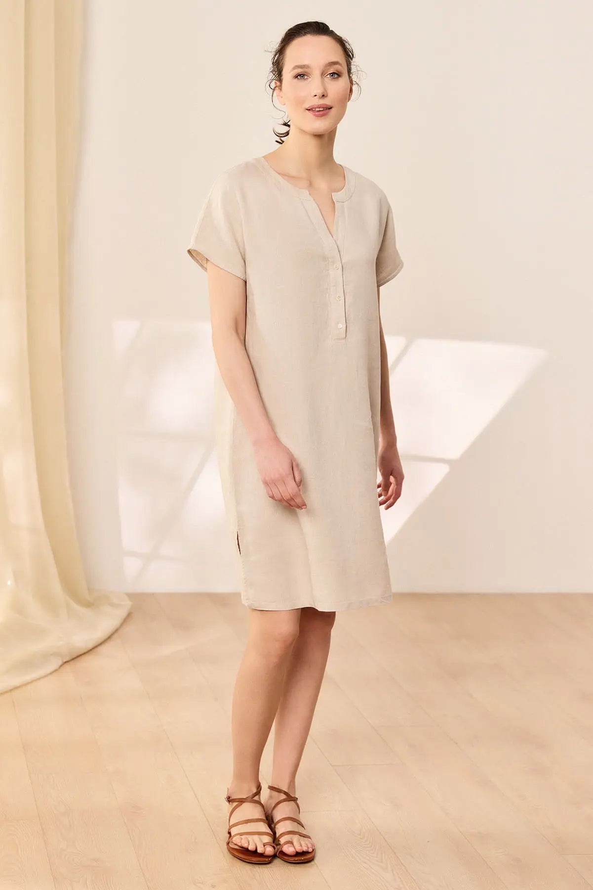 Bej Keten Kate V Yaka Ksa Kollu Elbise Silk and Cashmere