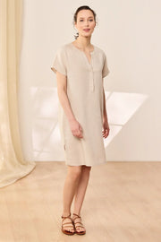 Bej Keten Kate V Yaka Ksa Kollu Elbise Silk and Cashmere