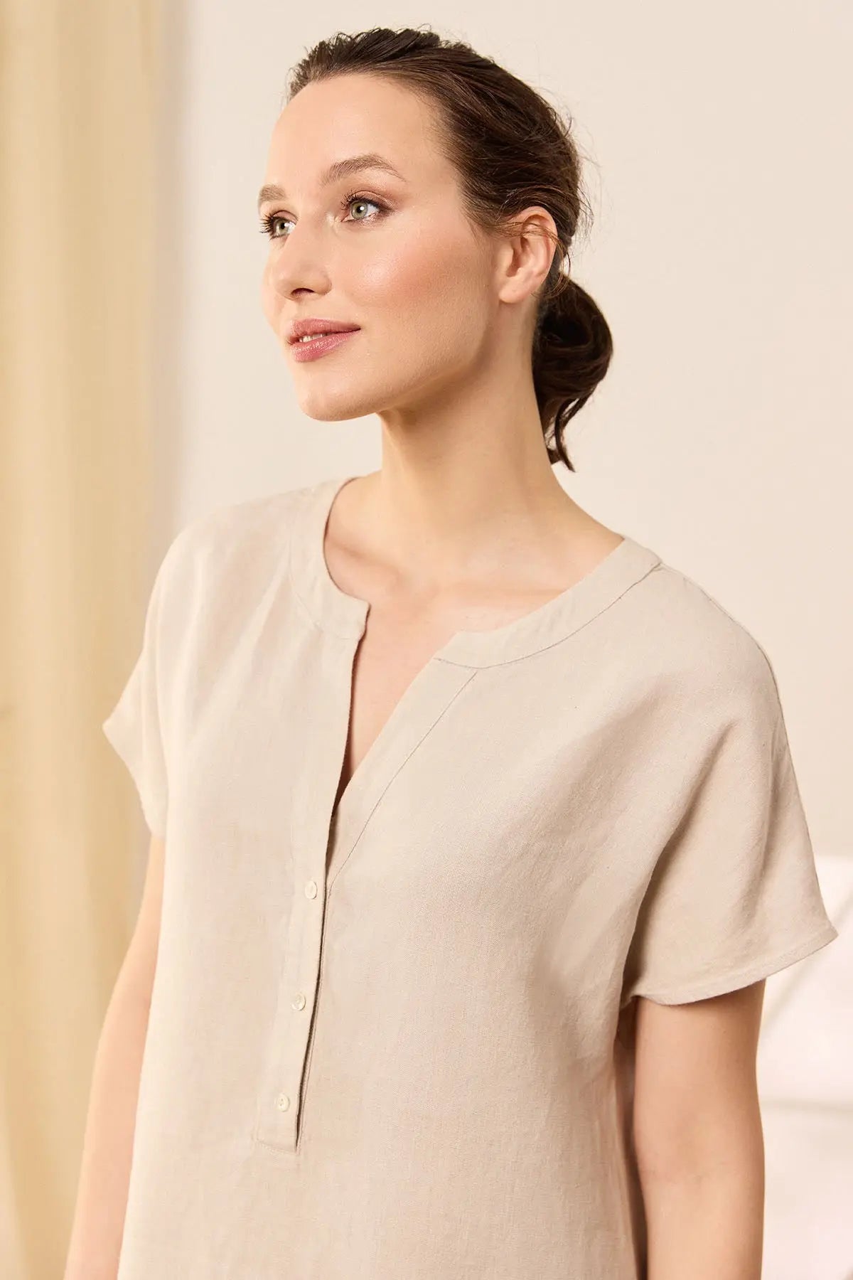 Bej Keten Kate V Yaka Ksa Kollu Elbise Silk and Cashmere