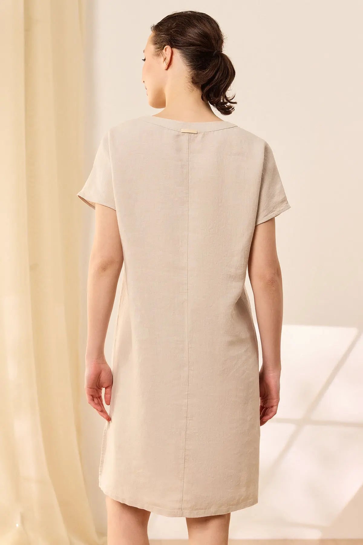 Bej Keten Kate V Yaka Ksa Kollu Elbise Silk and Cashmere