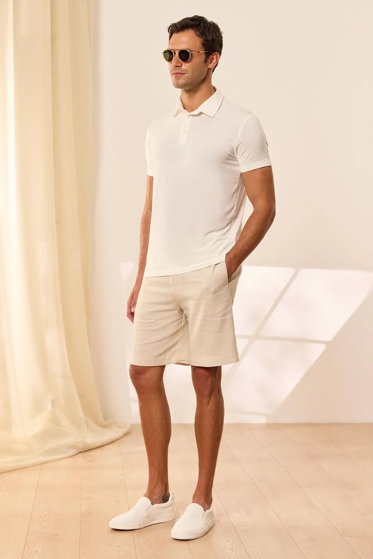 Beyaz Fersatile & More Doğal Modal Polo Yakalı Kısa Kollu Erkek Tişört Silk and Cashmere