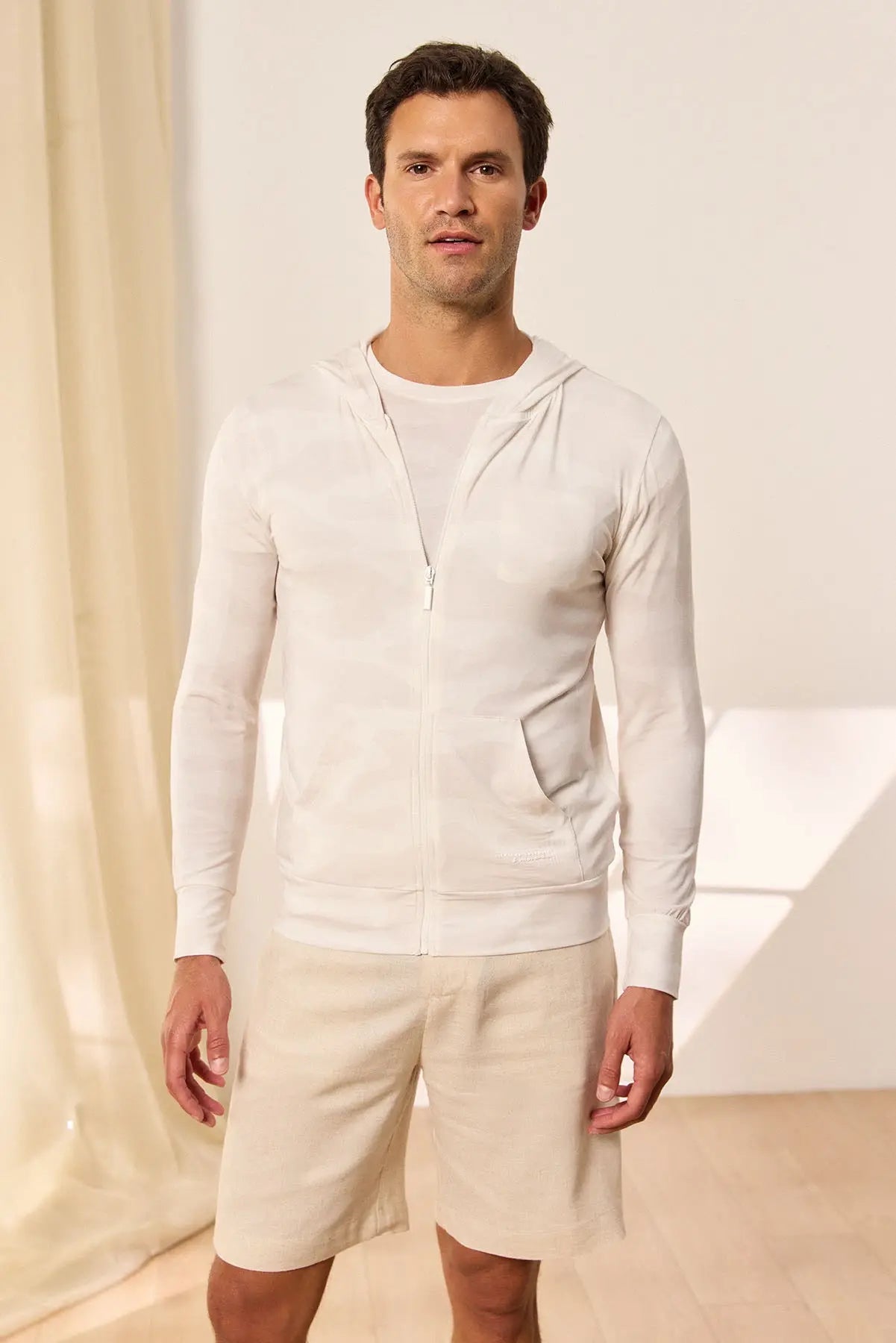 Beyaz Gri Fersatile & More Doğal Modal Erkek Kapüşonlu Silk and Cashmere