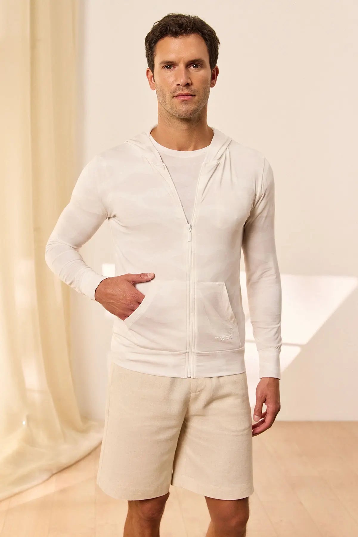 Beyaz Gri Fersatile & More Doğal Modal Erkek Kapüşonlu Silk and Cashmere