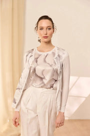 Beyaz İpek Karışımlı Goya Yuvarlak Yaka Uzun Kollu Desenli Hırka Silk and Cashmere