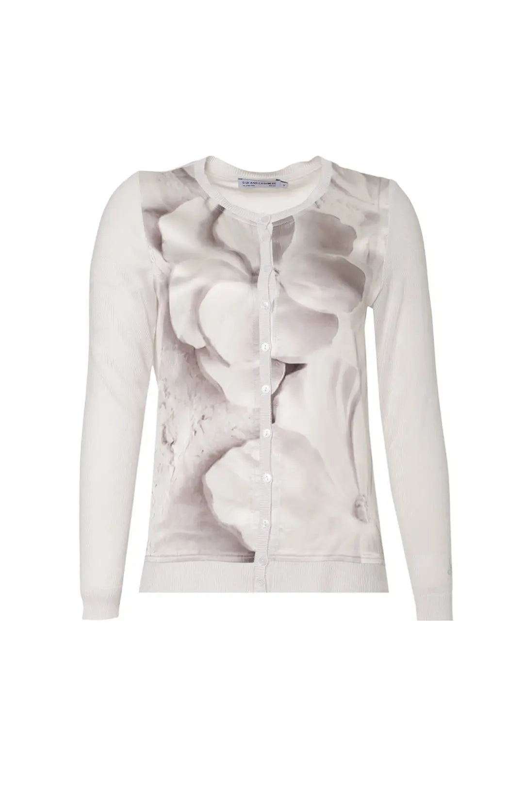 Beyaz İpek Karışımlı Goya Yuvarlak Yaka Uzun Kollu Desenli Hırka Silk and Cashmere