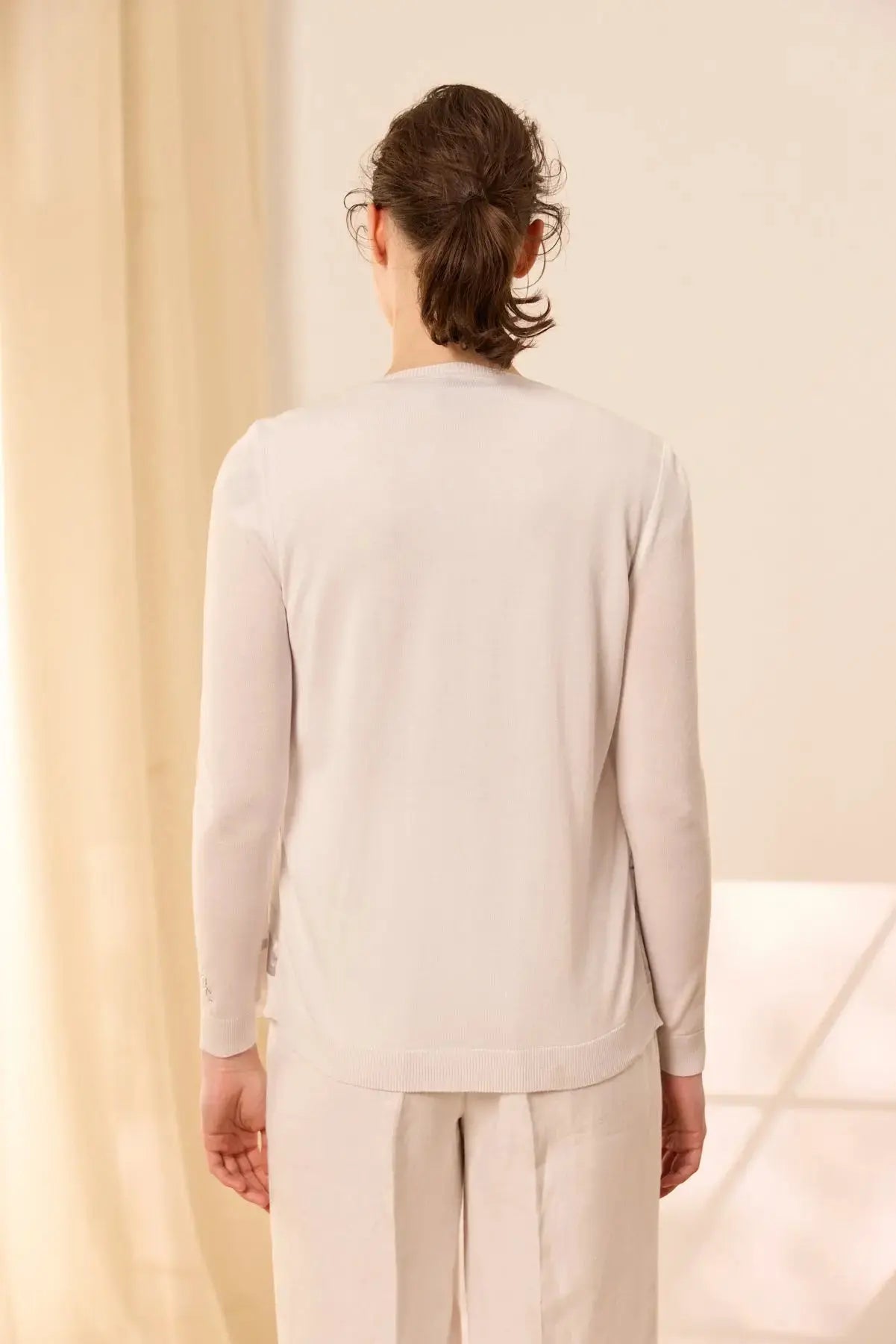 Beyaz İpek Karışımlı Goya Yuvarlak Yaka Uzun Kollu Desenli Hırka Silk and Cashmere