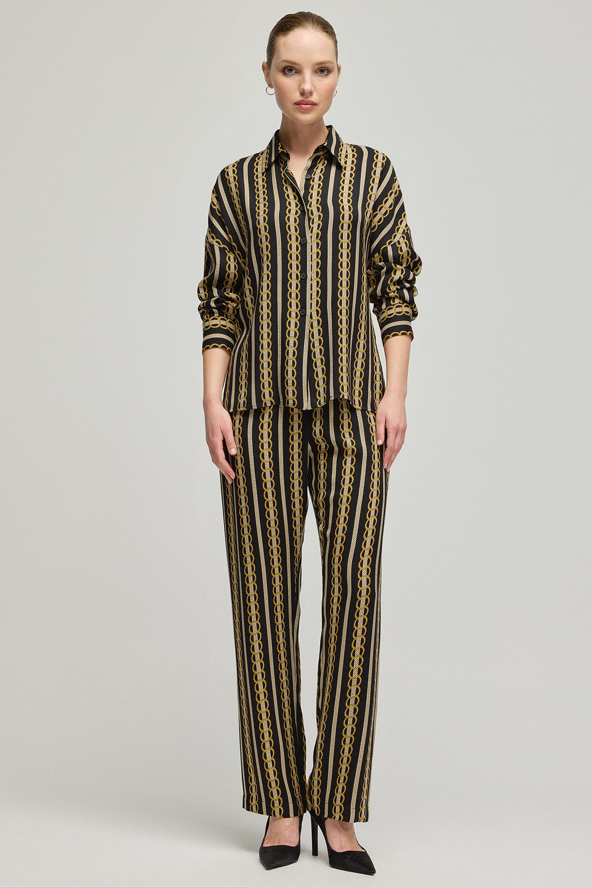 Lacivert Flow Cupro Viskoz Baskılı Uzun Kollu Gömlek