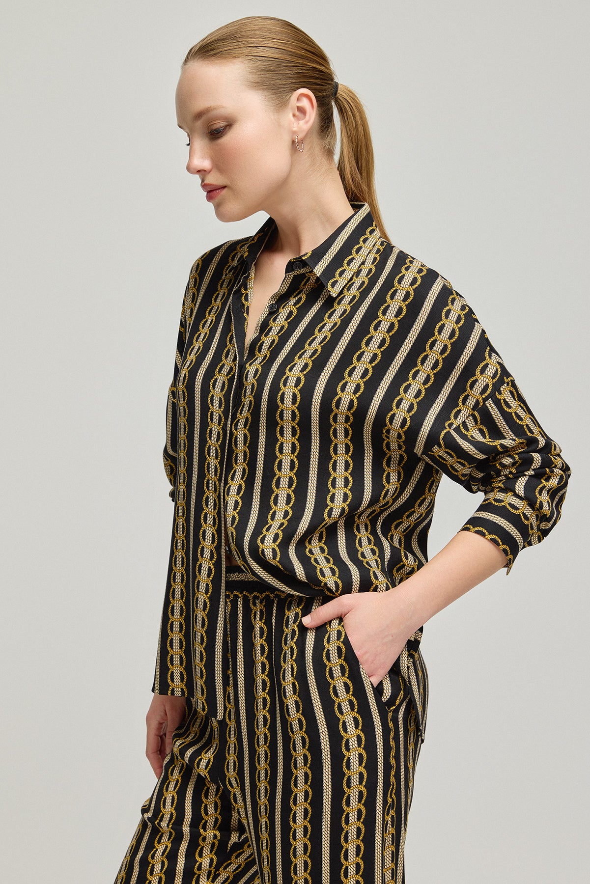 Lacivert Flow Cupro Viskoz Baskılı Uzun Kollu Gömlek