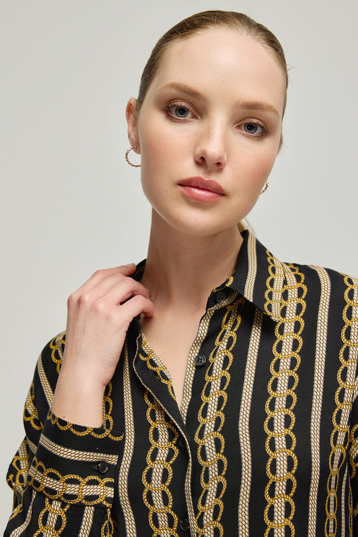 Lacivert Flow Cupro Viskoz Baskılı Uzun Kollu Gömlek