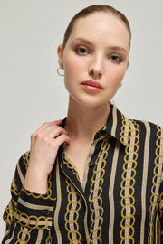 Lacivert Flow Cupro Viskoz Baskılı Uzun Kollu Gömlek