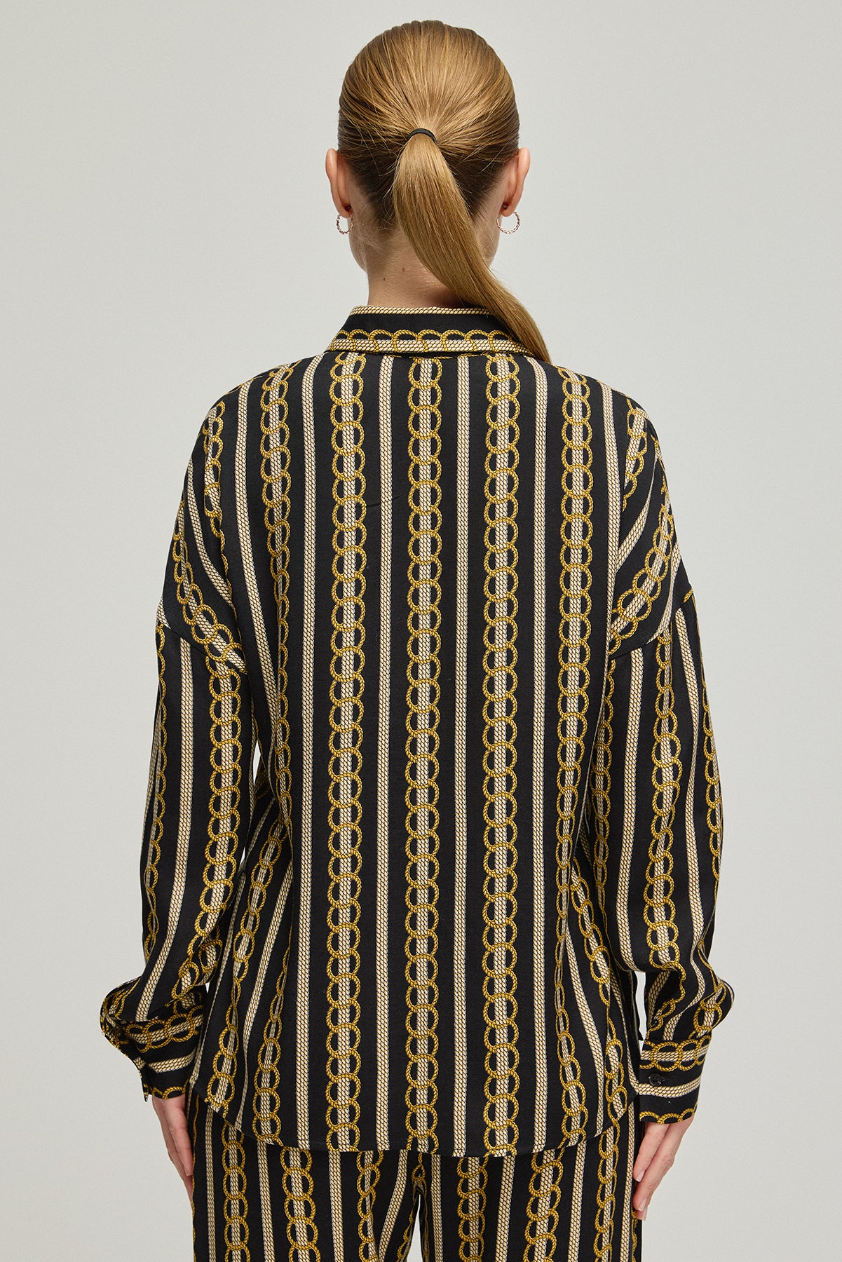 Lacivert Flow Cupro Viskoz Baskılı Uzun Kollu Gömlek