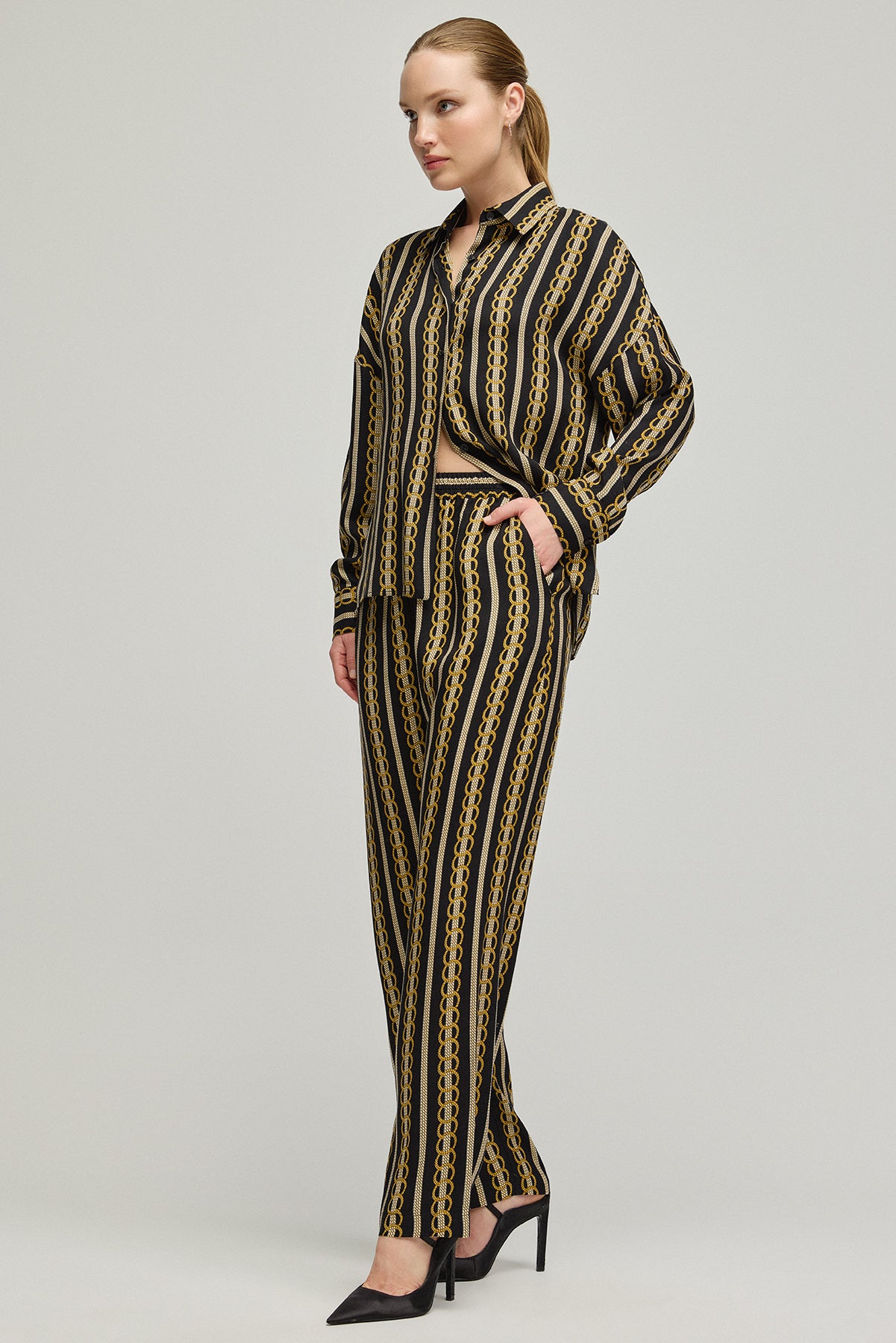 Lacivert Flow Cupro  Viskoz Baskılı Pantolon