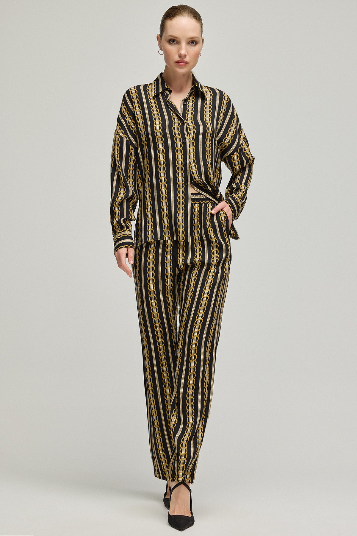 Lacivert Flow Cupro  Viskoz Baskılı Pantolon