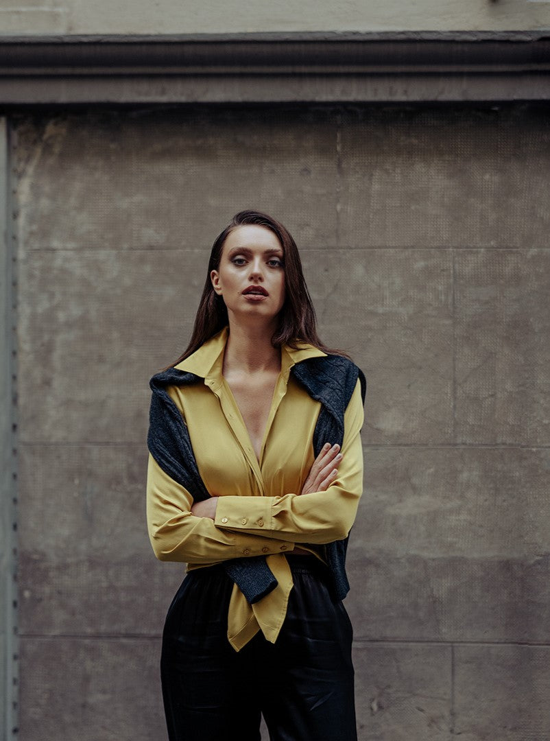 Hardal Saf İpek Audrey Uzun Kollu Gömlek