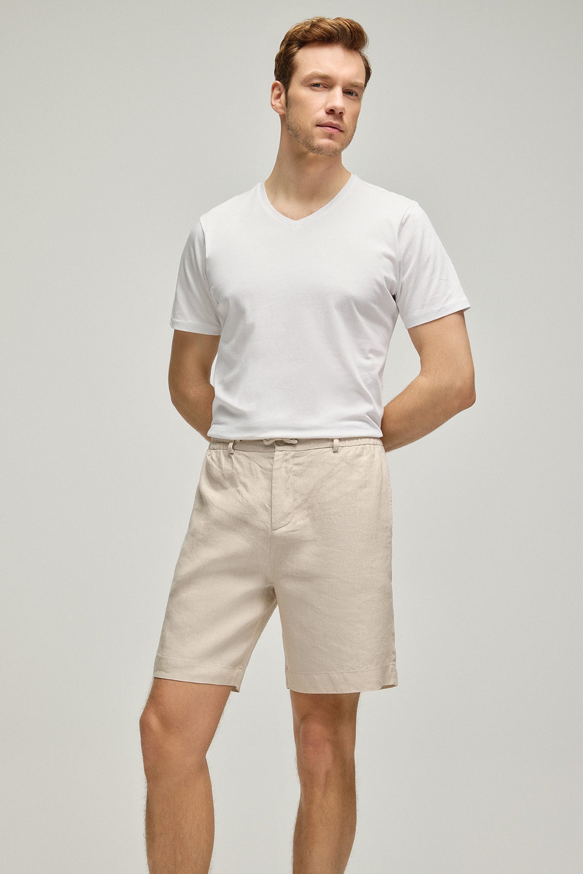 Bej Leon Ketenli Rahat Kesim Erkek Şort
