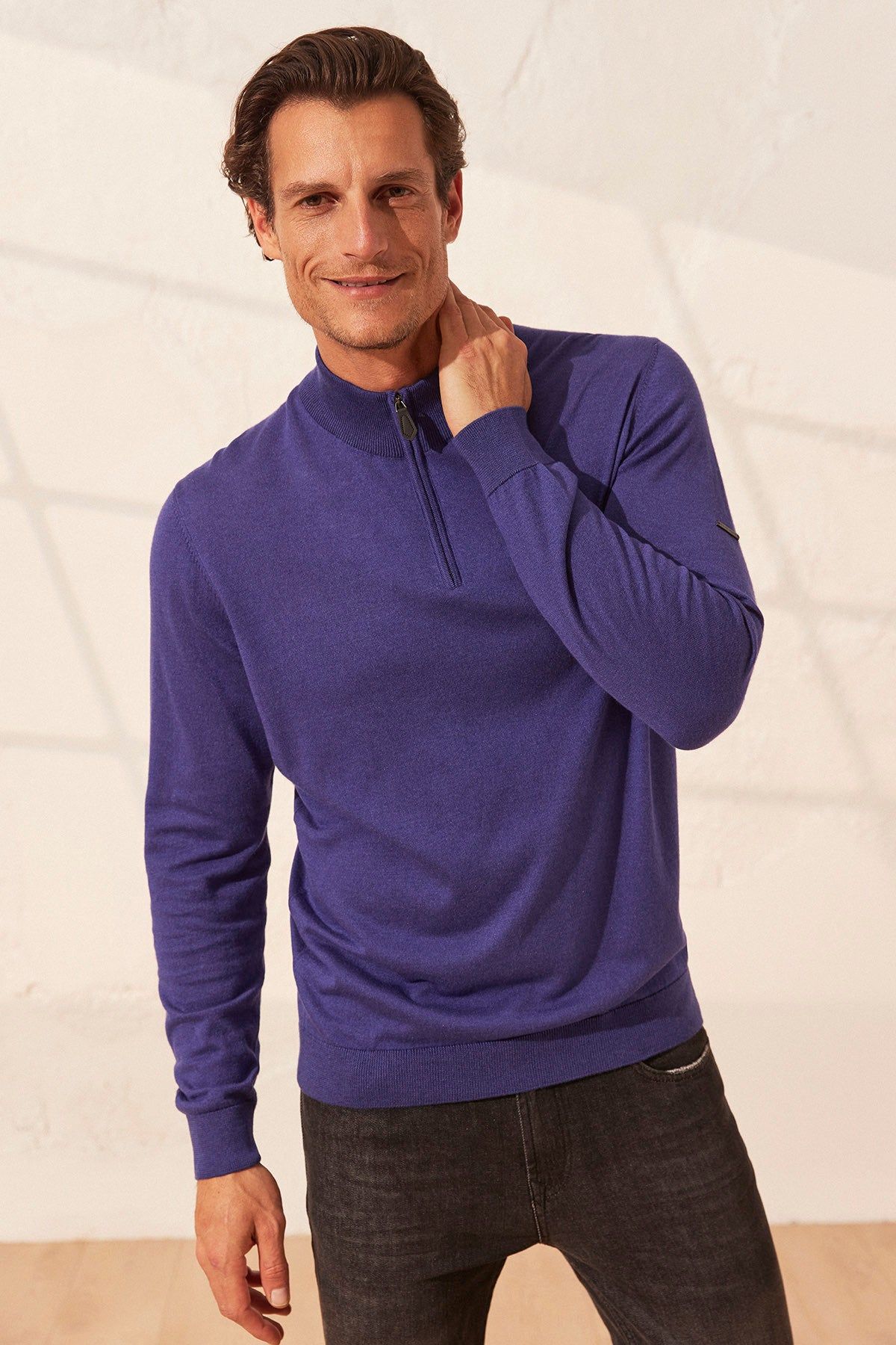 Mor İpek ve Kaşmir Yarım Balıkçı Yaka Uzun Kollu Utku Erkek Triko