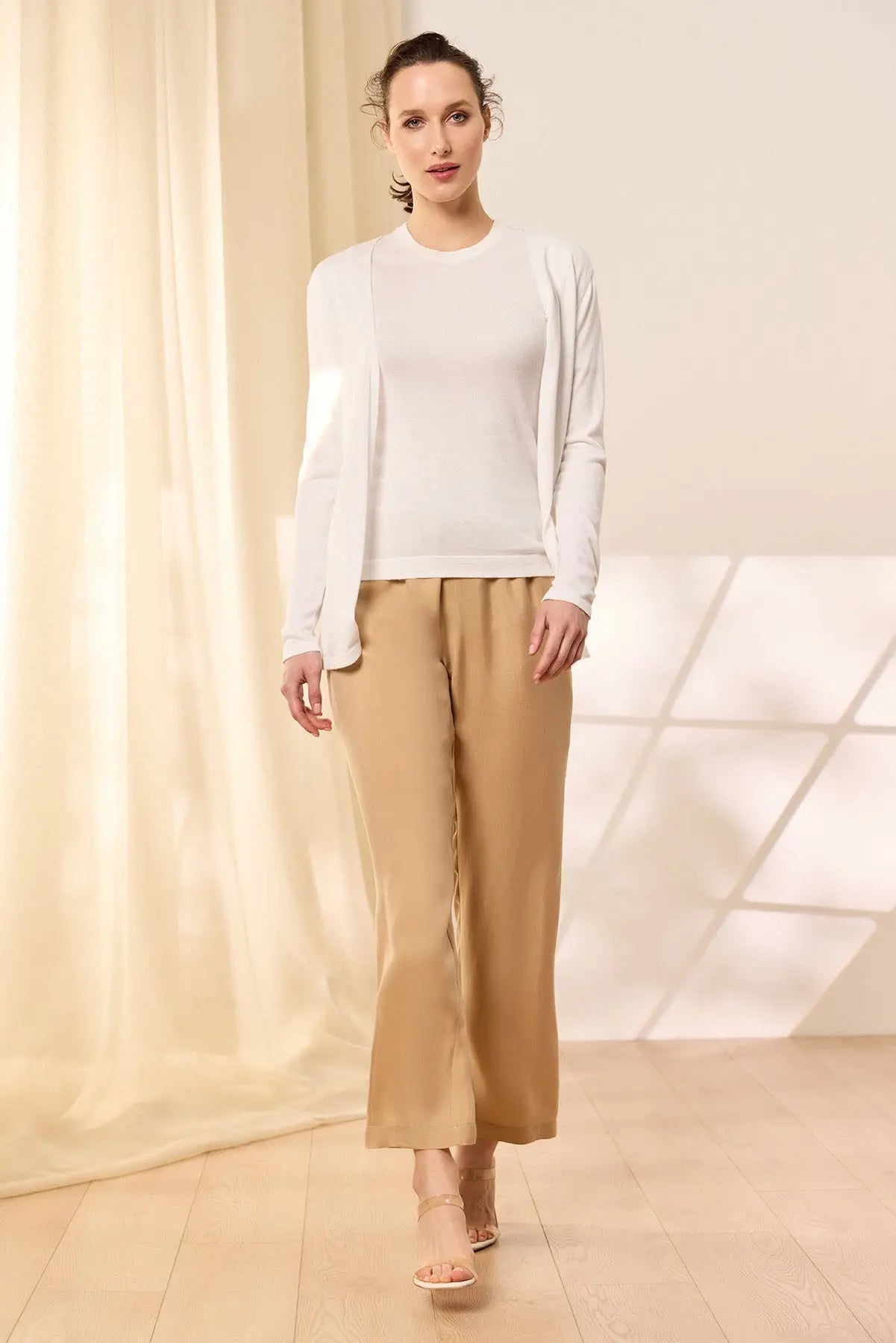 Ekru Pamuk Modal Juno Düğmesiz Uzun Kollu Uzun Hırka Silk and Cashmere