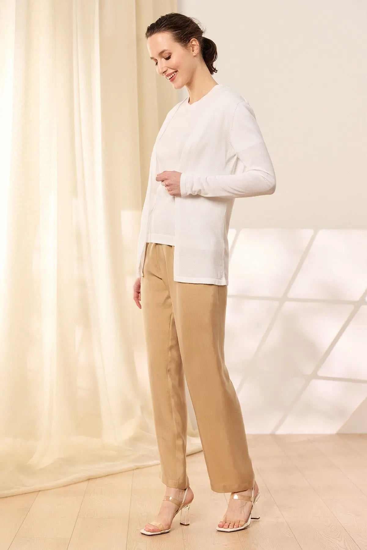 Ekru Pamuk Modal Juno Düğmesiz Uzun Kollu Uzun Hırka Silk and Cashmere