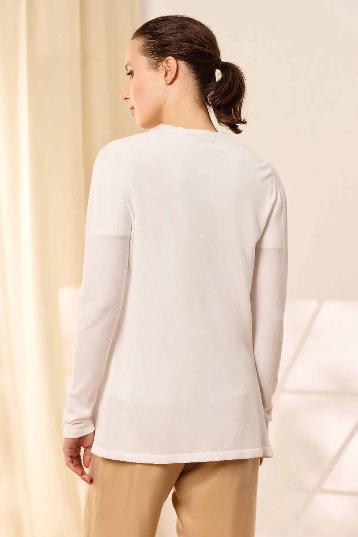 Ekru Pamuk Modal Juno Düğmesiz Uzun Kollu Uzun Hırka Silk and Cashmere