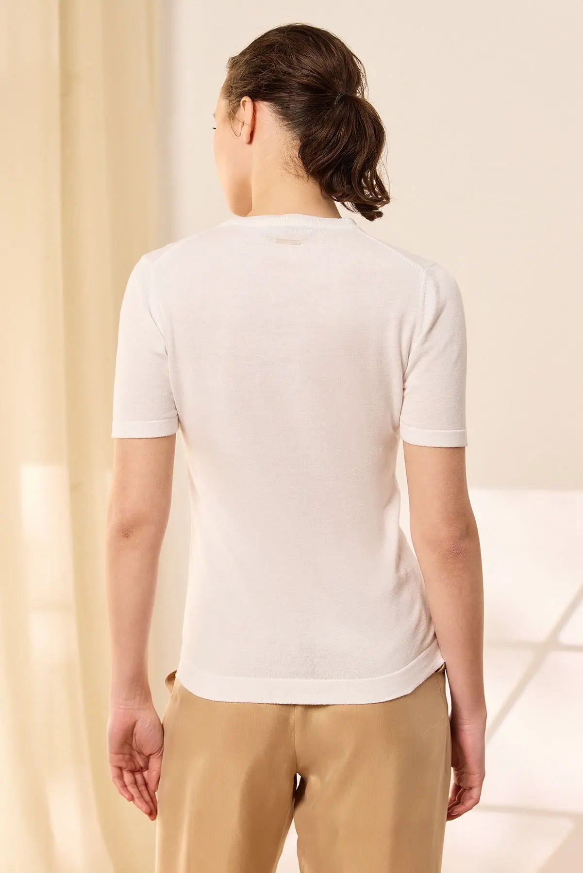 Ekru Pamuk Modal Juno Yuvarlak Yaka Ksa Kollu Triko Silk and Cashmere