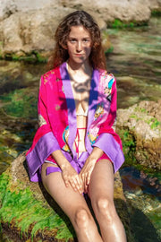 Fuşya Jas  Cupro Desenli Kemerli Kadın Kimono Hırka Silk and Cashmere