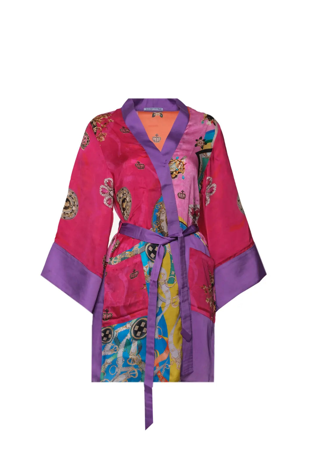 Fuşya Jas  Cupro Desenli Kemerli Kadın Kimono Hırka Silk and Cashmere